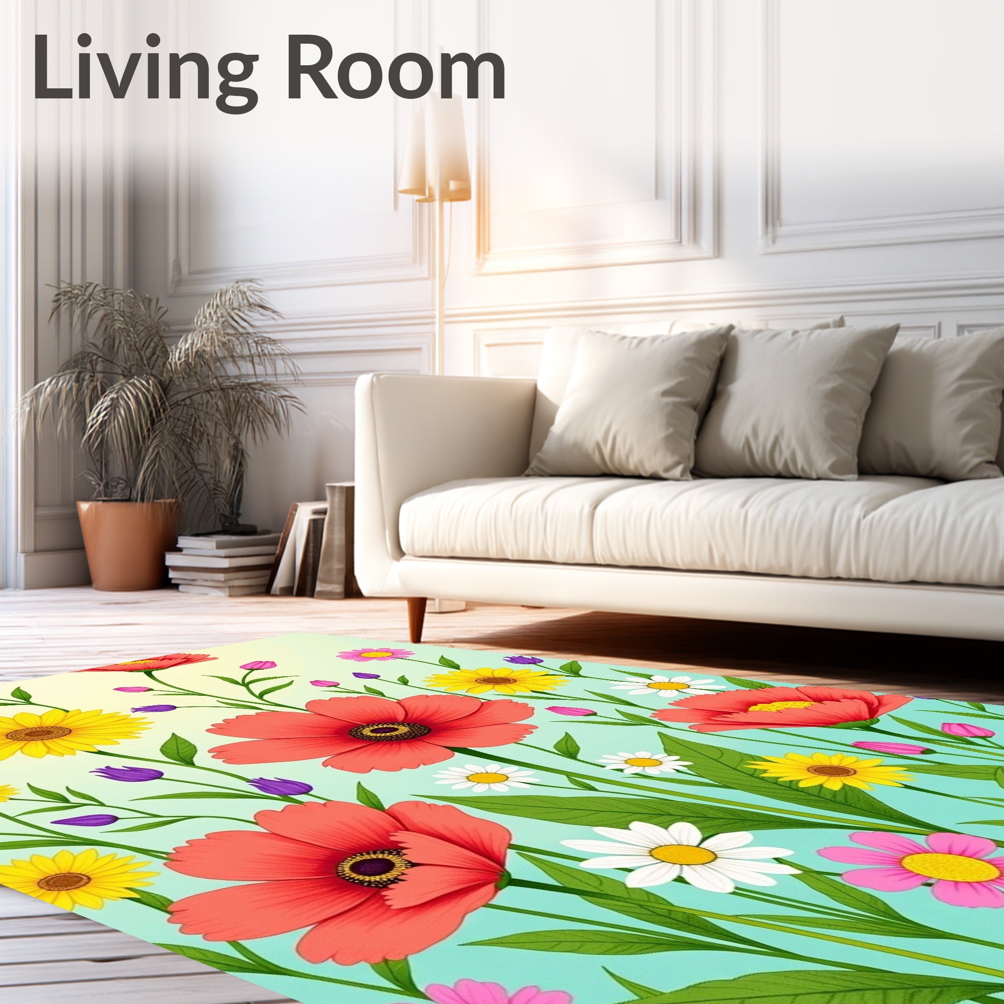 Vibrant Coral Daisy Meadow Garden Rug