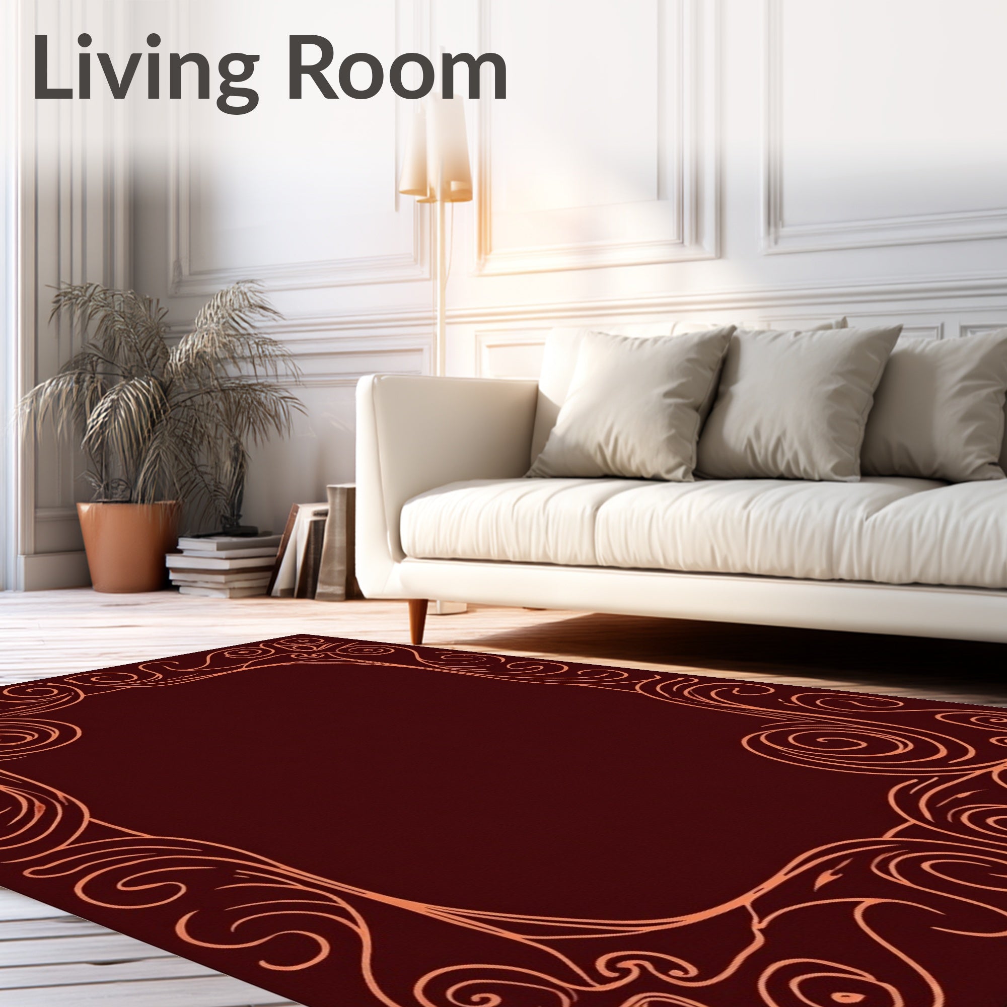 Deep Rose Swirl Scroll Border Rug