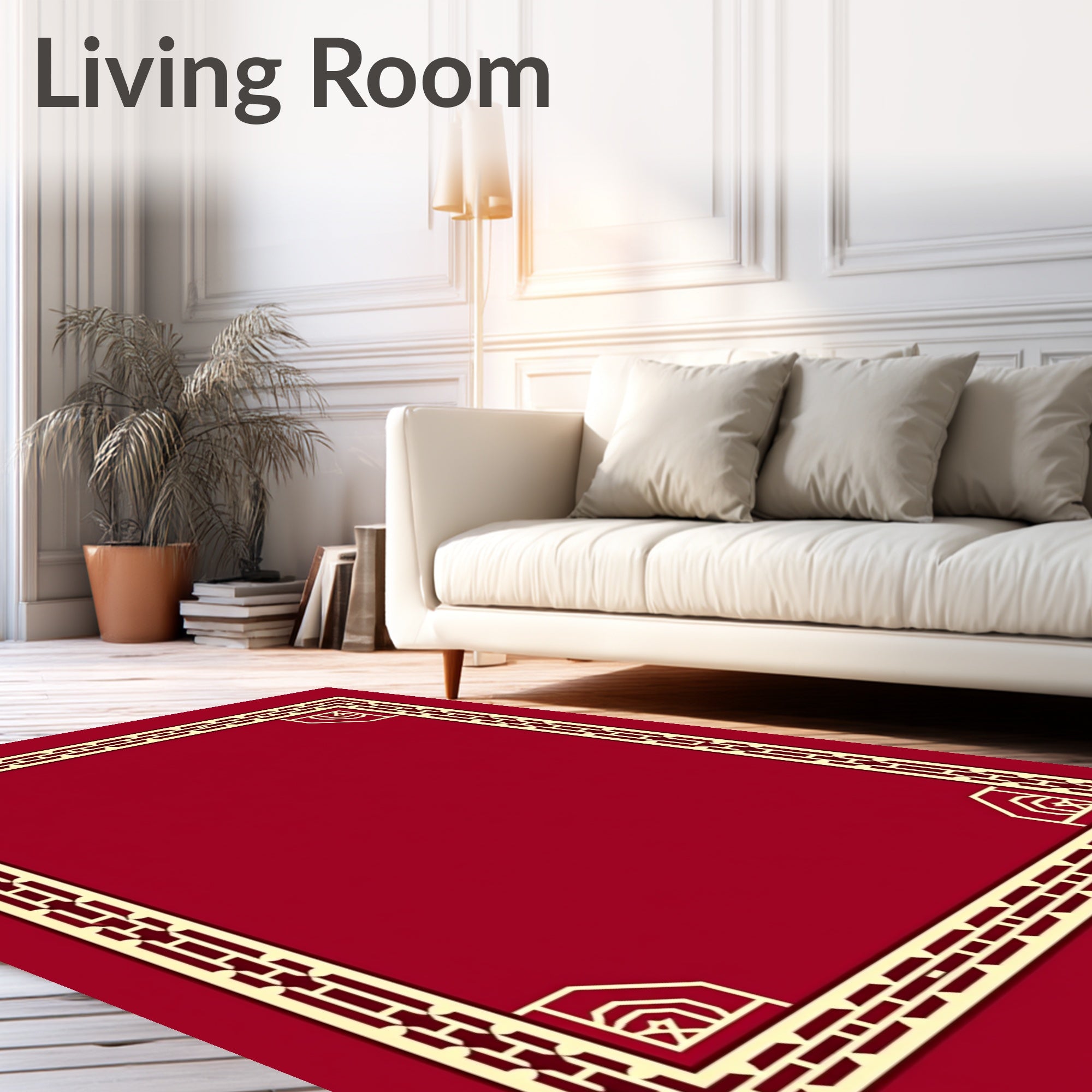 Crimson Bordered Geometric Square Frame Rug
