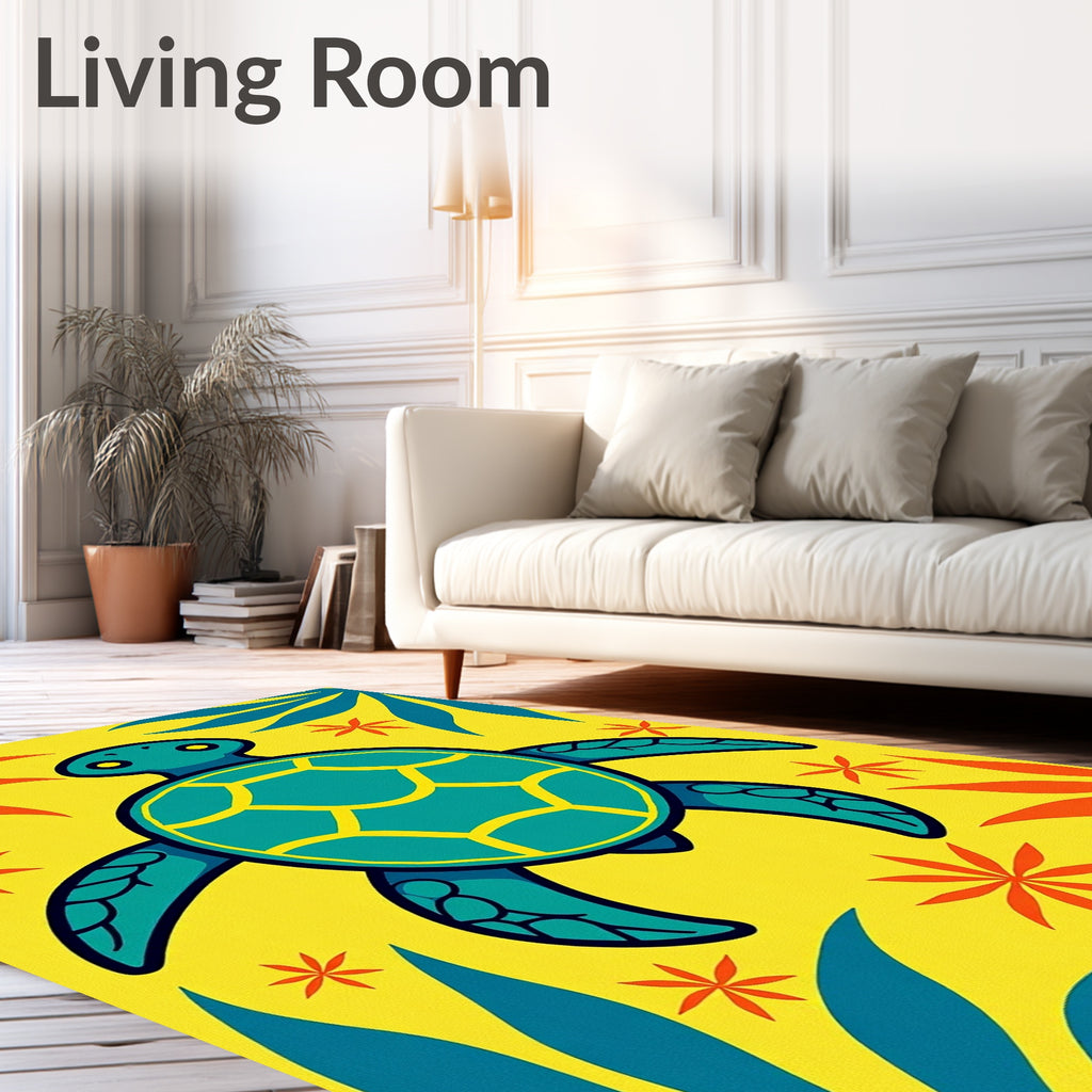 Tropical Teal Turtle Yellow Floral Accent Rug