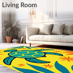 Tropical Teal Turtle Yellow Floral Accent Rug