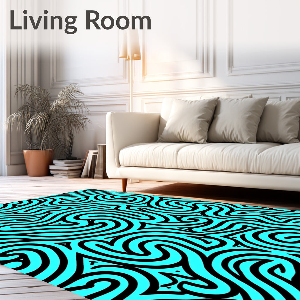 Aqua Black Abstract Swirls Rug