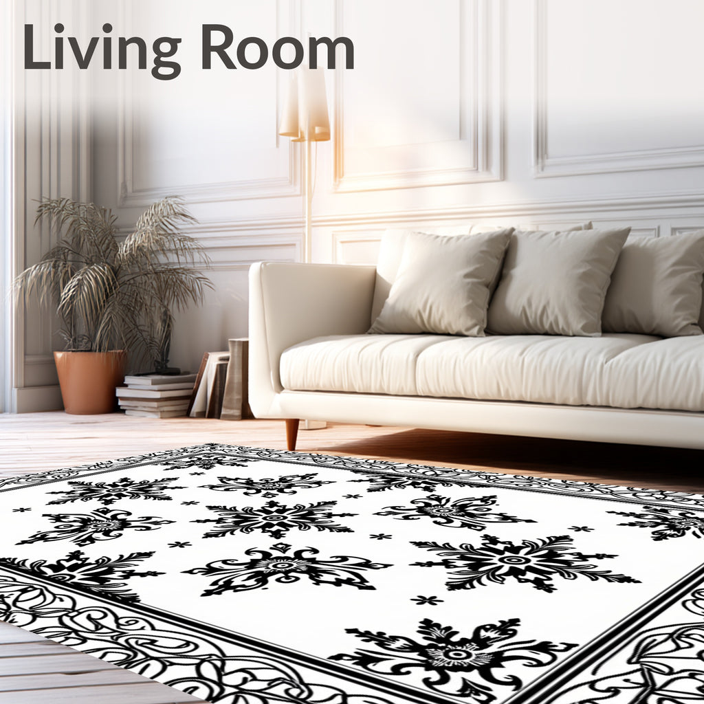 Black Symmetrical Floral Starburst Border Rug