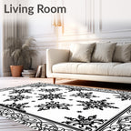 Black Symmetrical Floral Starburst Border Rug