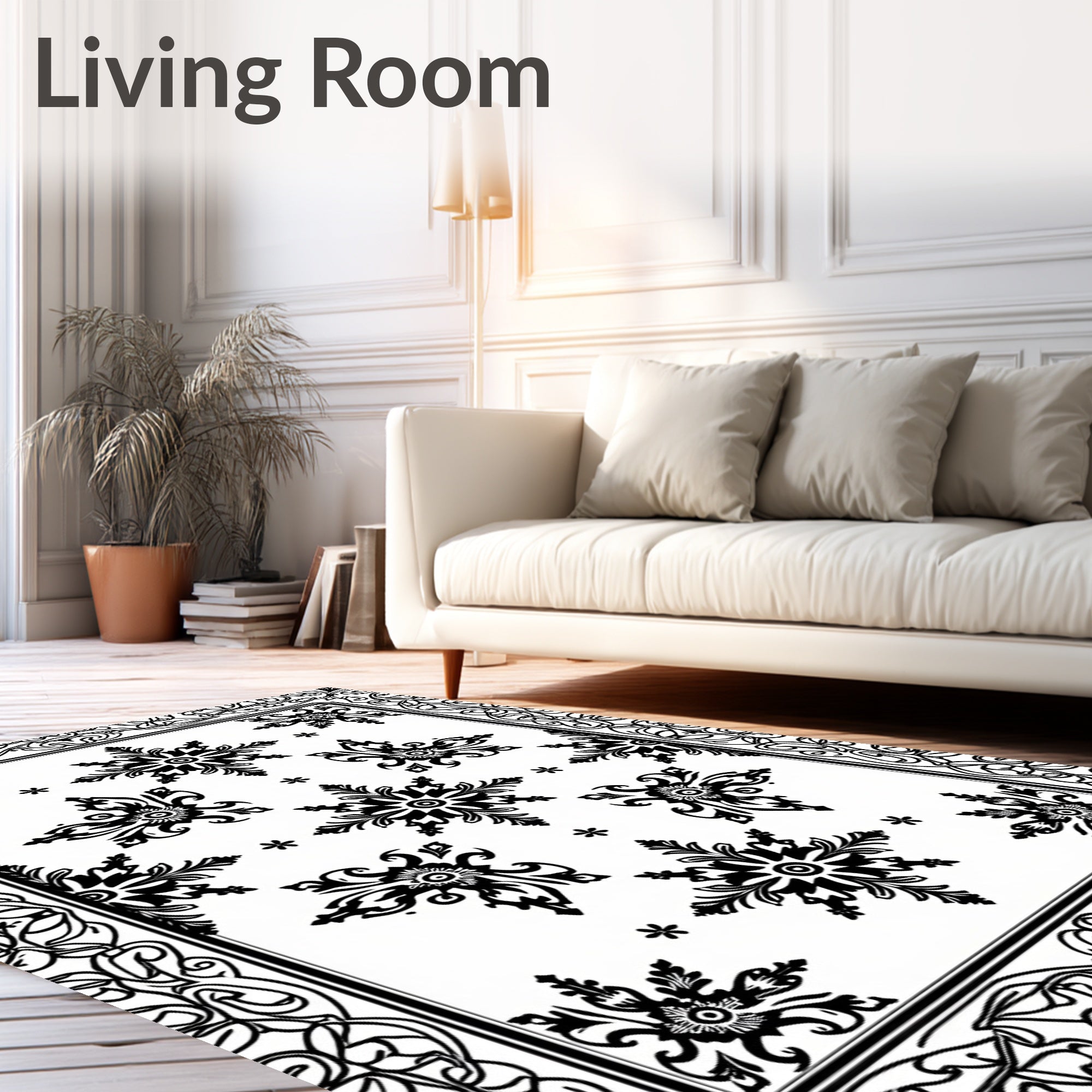 Black Symmetrical Floral Starburst Border Rug