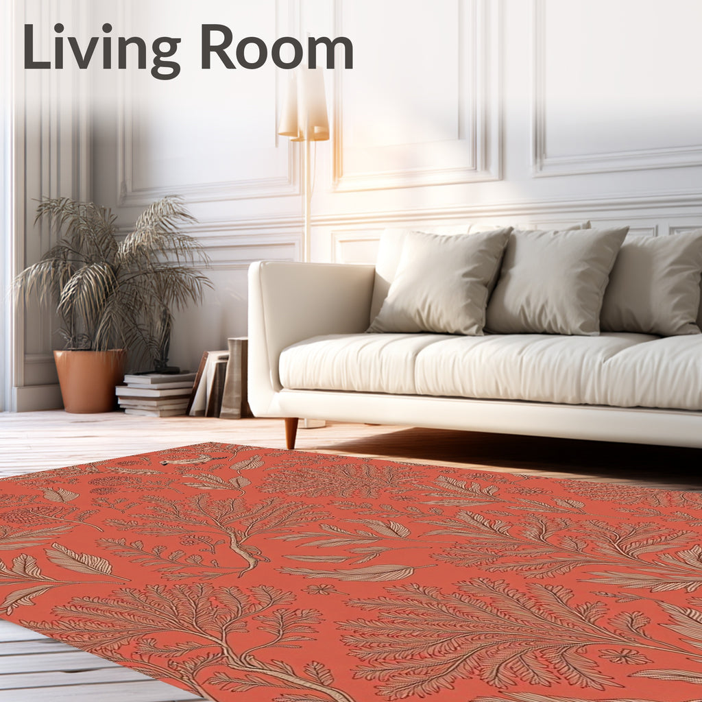 Terracotta Red Botanical Bird Garden Rug