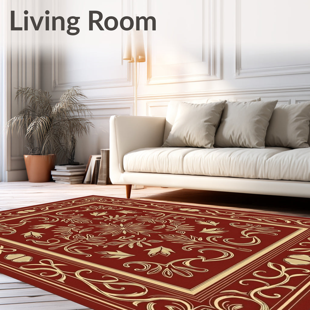 Rich Red Gold Floral Scroll Rug