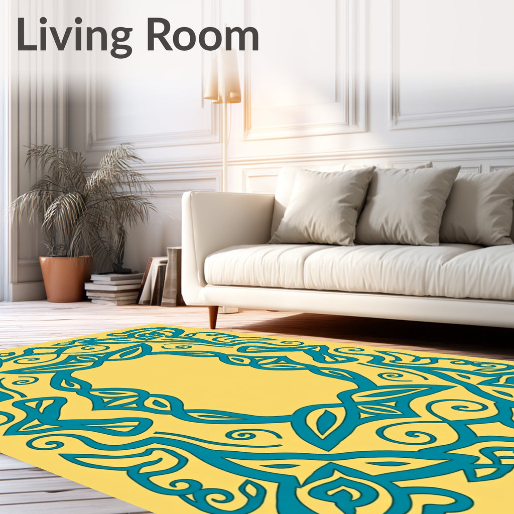 Teal Yellow Ornamental Swirl Frame Rug