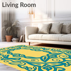 Teal Yellow Ornamental Swirl Frame Rug