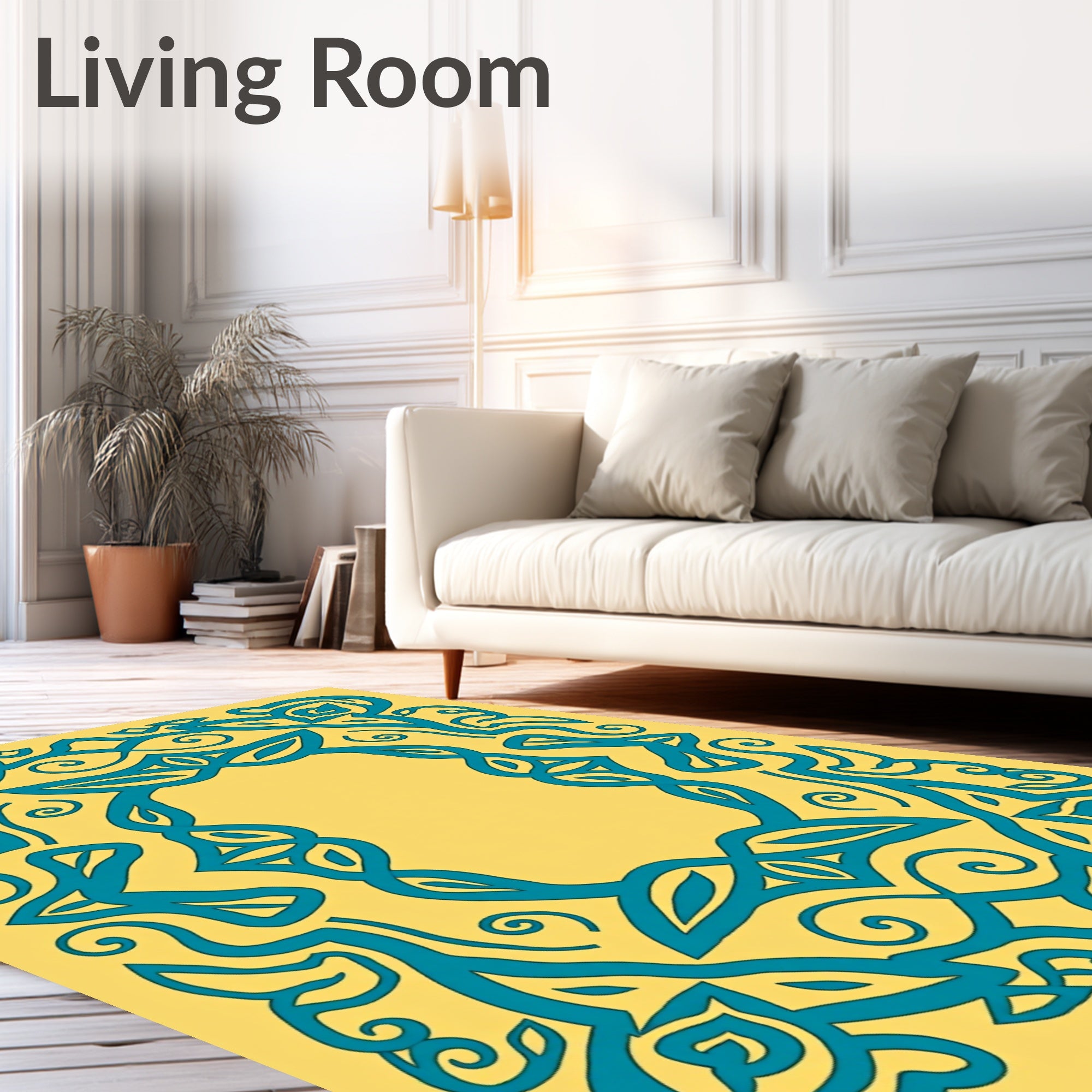 Teal Yellow Ornamental Swirl Frame Rug