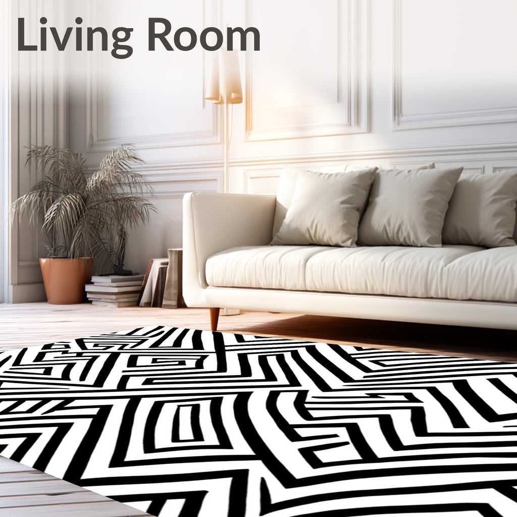 Bold Linear Labyrinth Black White Rug