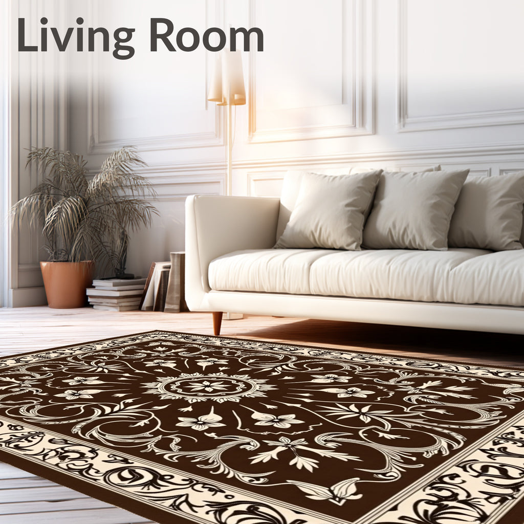 Ornate Brown Floral Medallion Border Rug