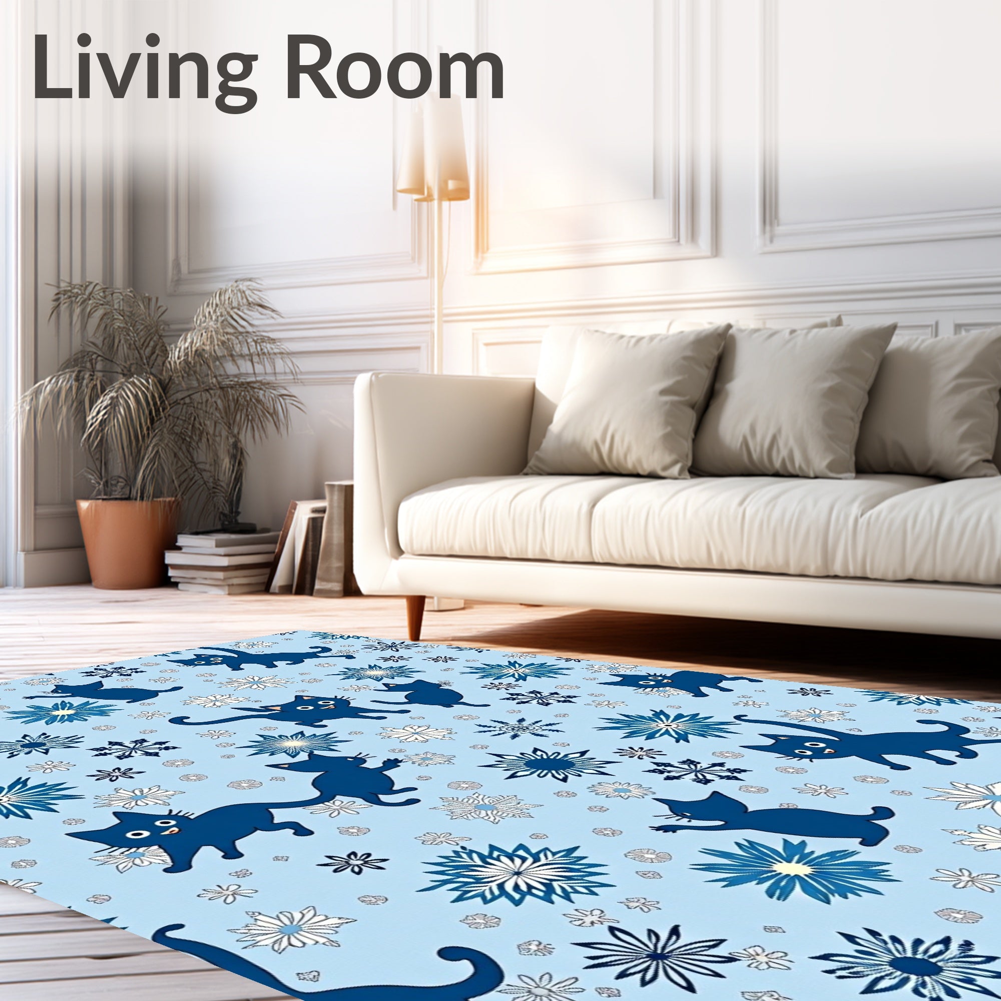Playful Blue Cats Snowflakes Background Rug