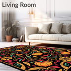 Autumn Pumpkin Floral Scroll Black Rug