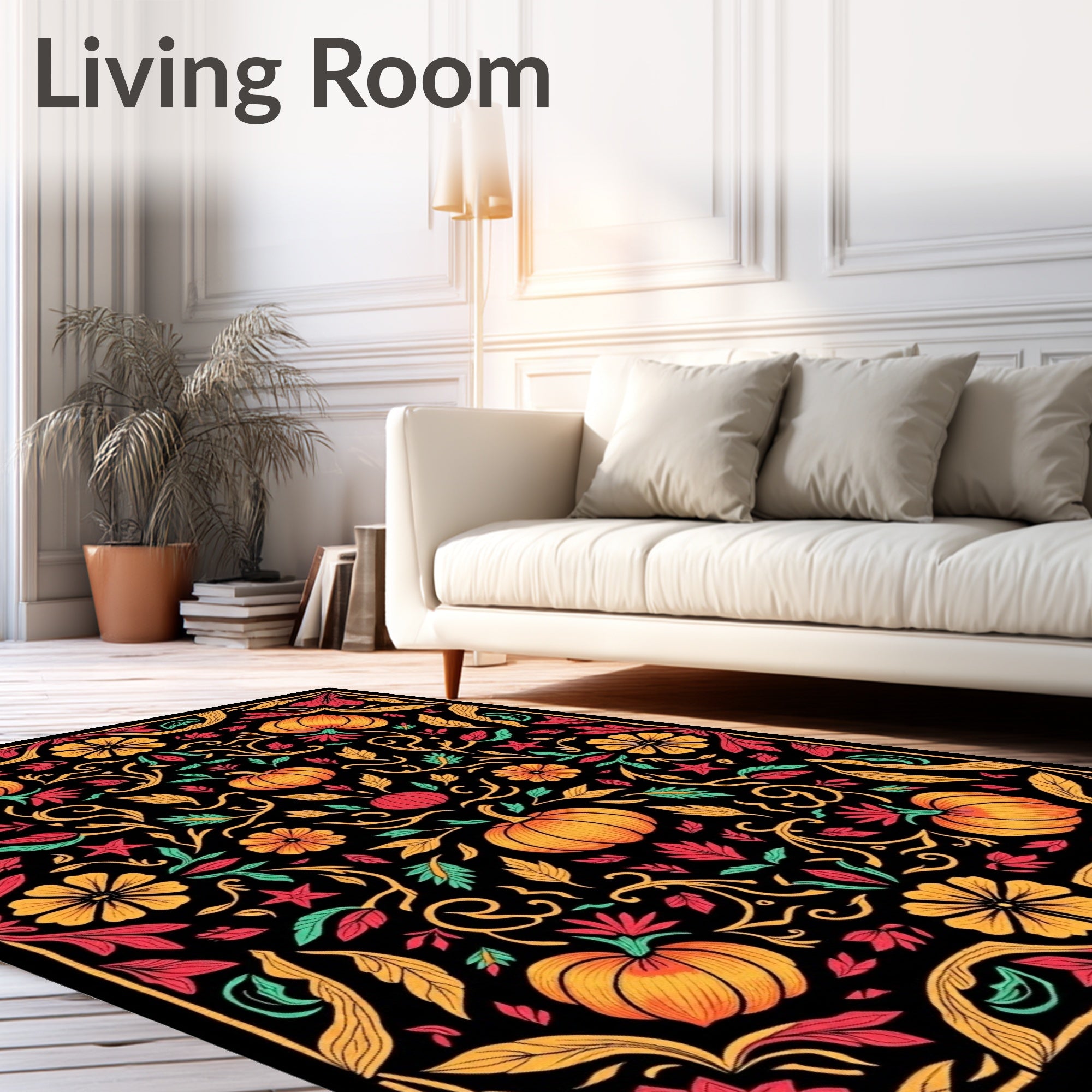 Autumn Pumpkin Floral Scroll Black Rug