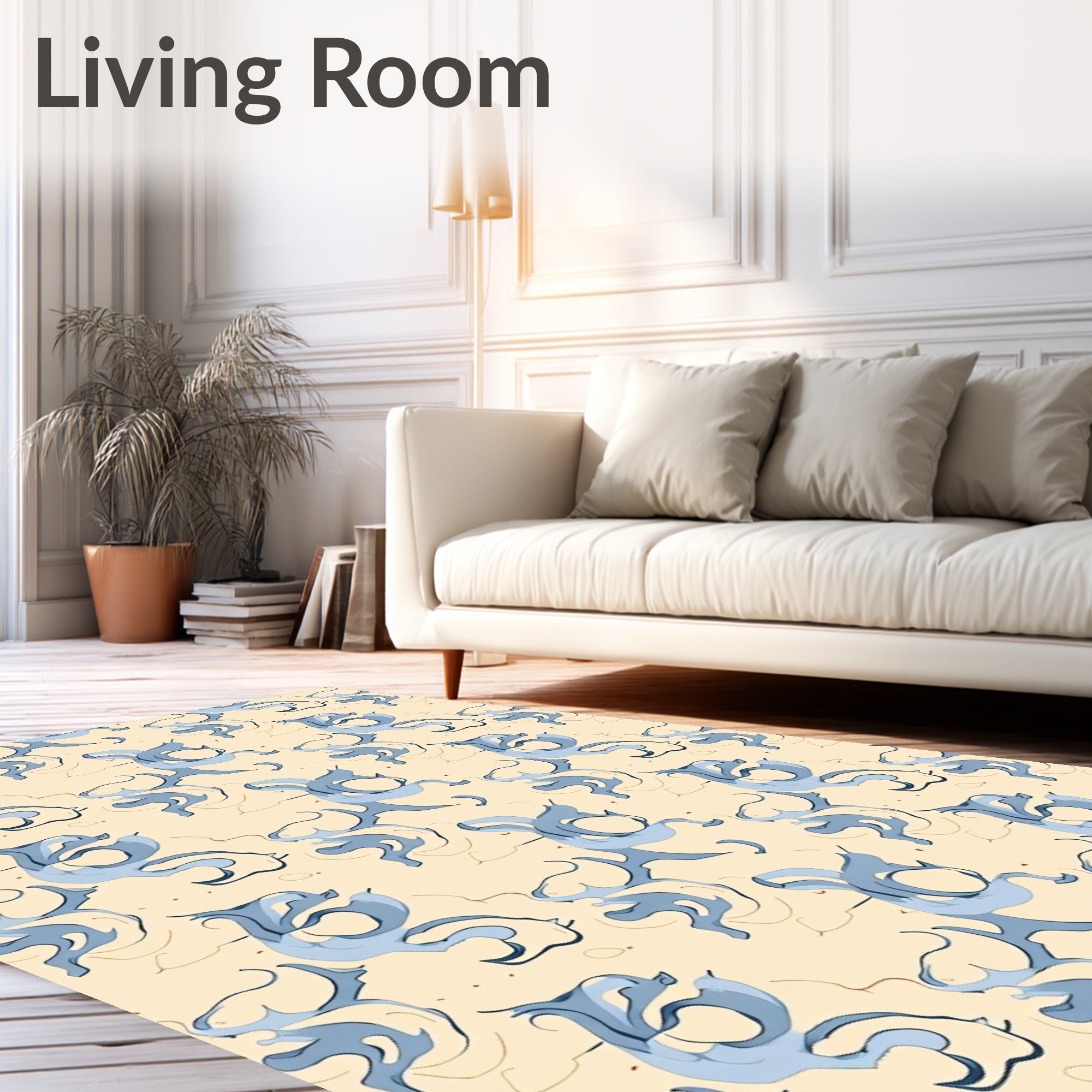 Whimsical Blue Swirls Cream Background Rug