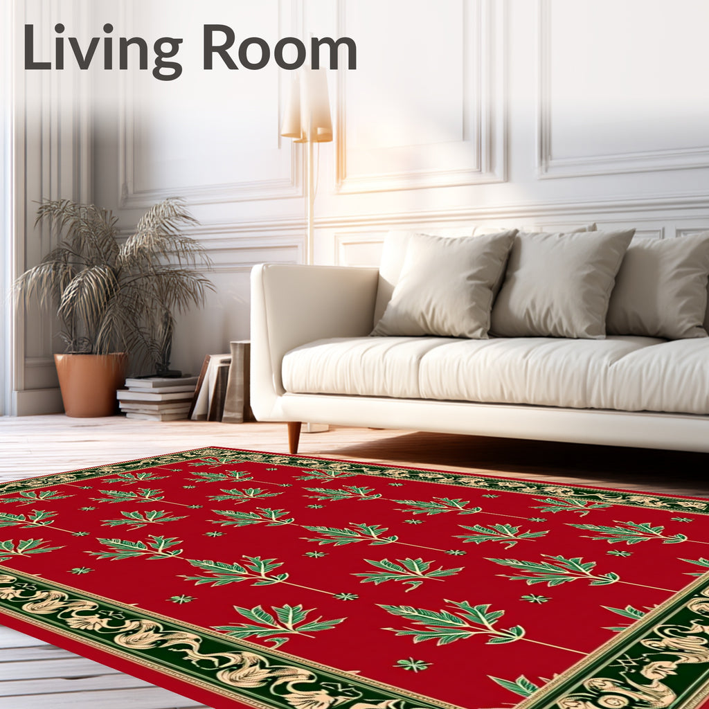 Crimson Green Leaf Ornamental Border Rug