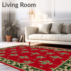 Crimson Green Leaf Ornamental Border Rug