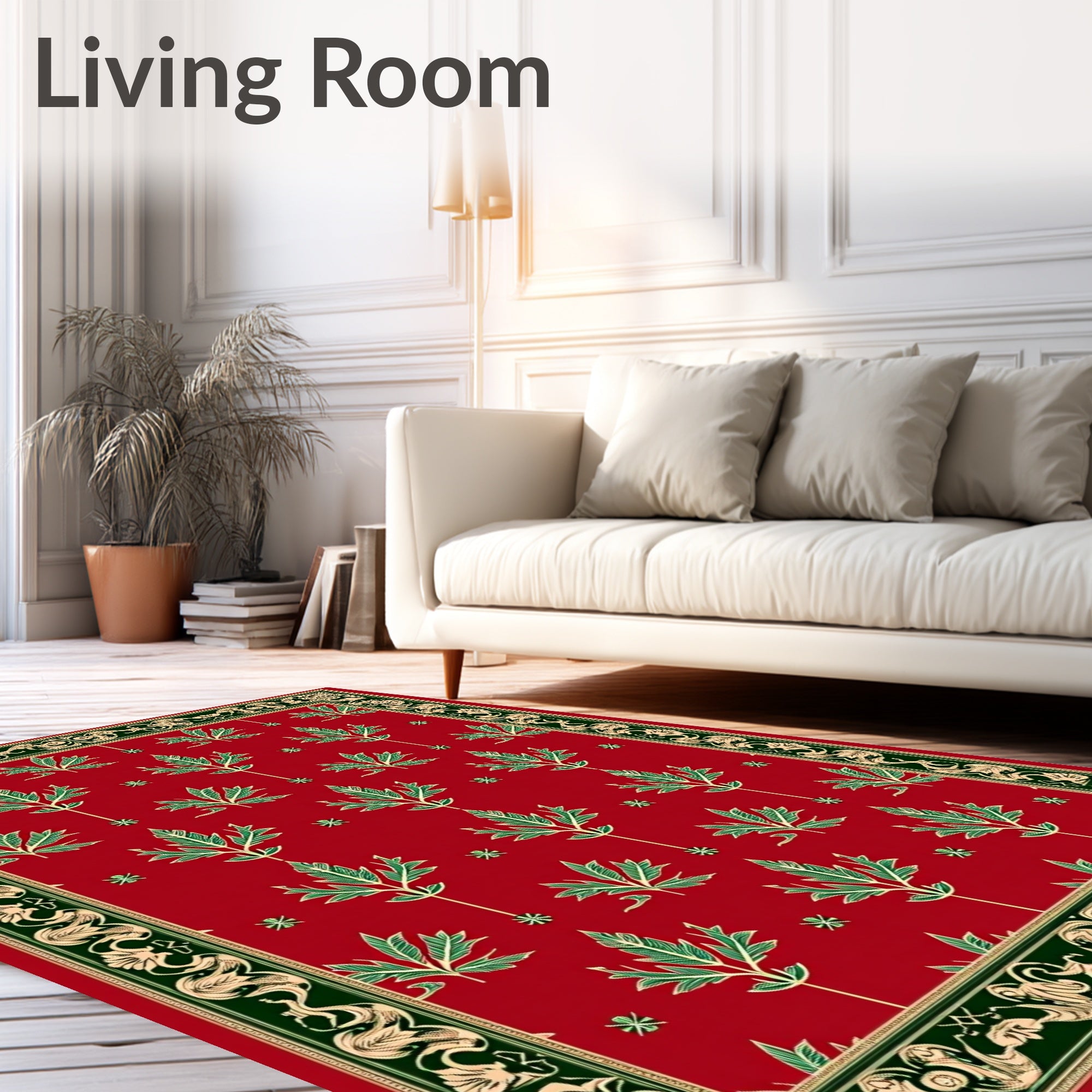 Crimson Green Leaf Ornamental Border Rug
