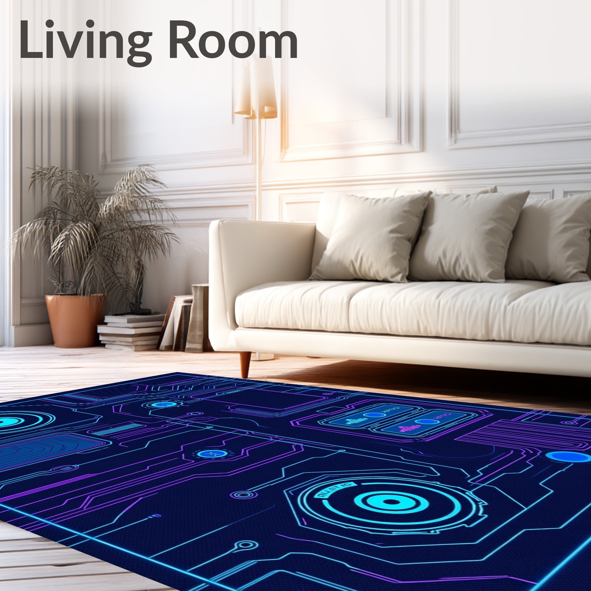Futuristic Circuit Board Neon Blue Purple Rug