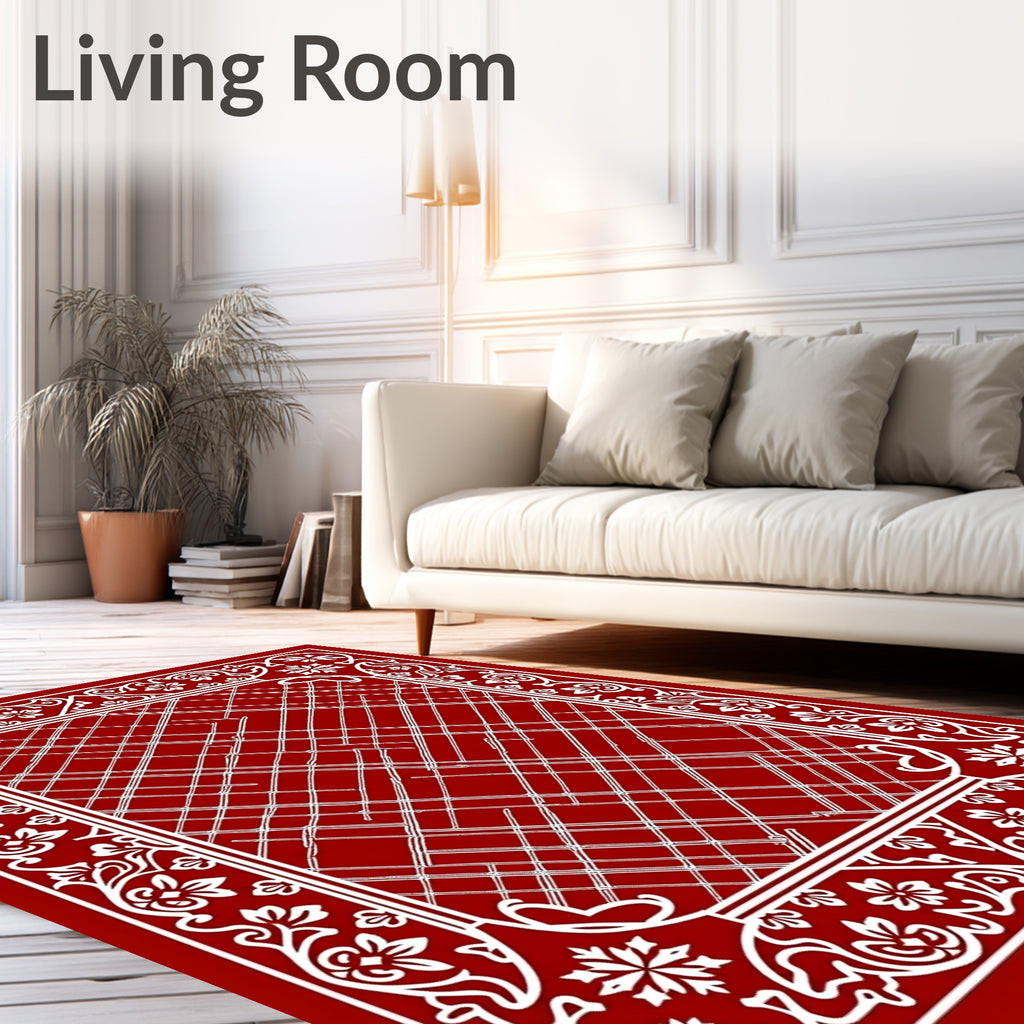 Crimson White Floral Border Intertwined Lines Rug