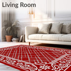 Crimson White Floral Border Intertwined Lines Rug