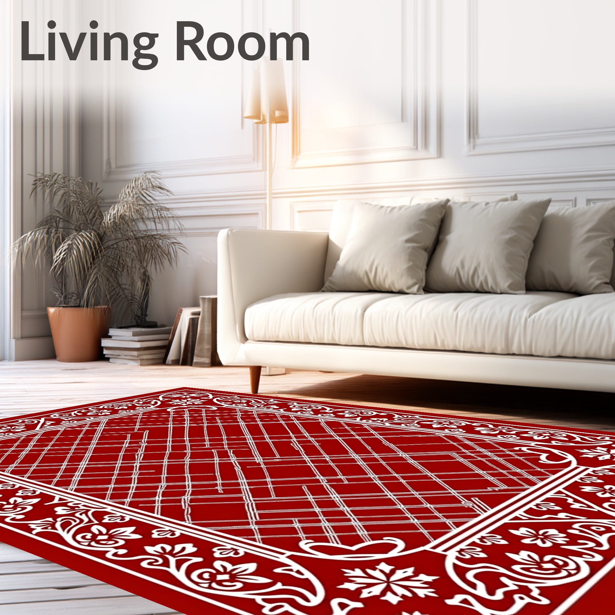 Crimson White Floral Border Intertwined Lines Rug