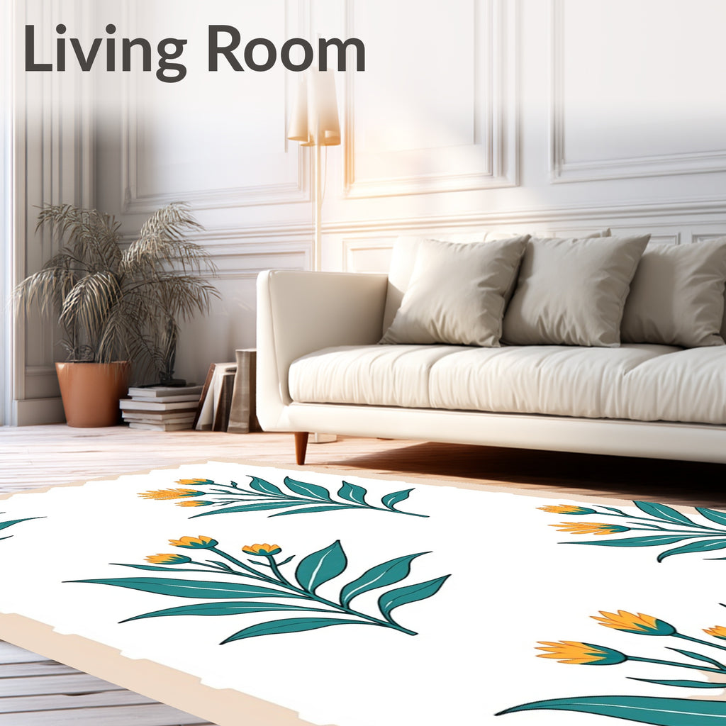 Teal Leafed Yellow Blossom Cluster Rug