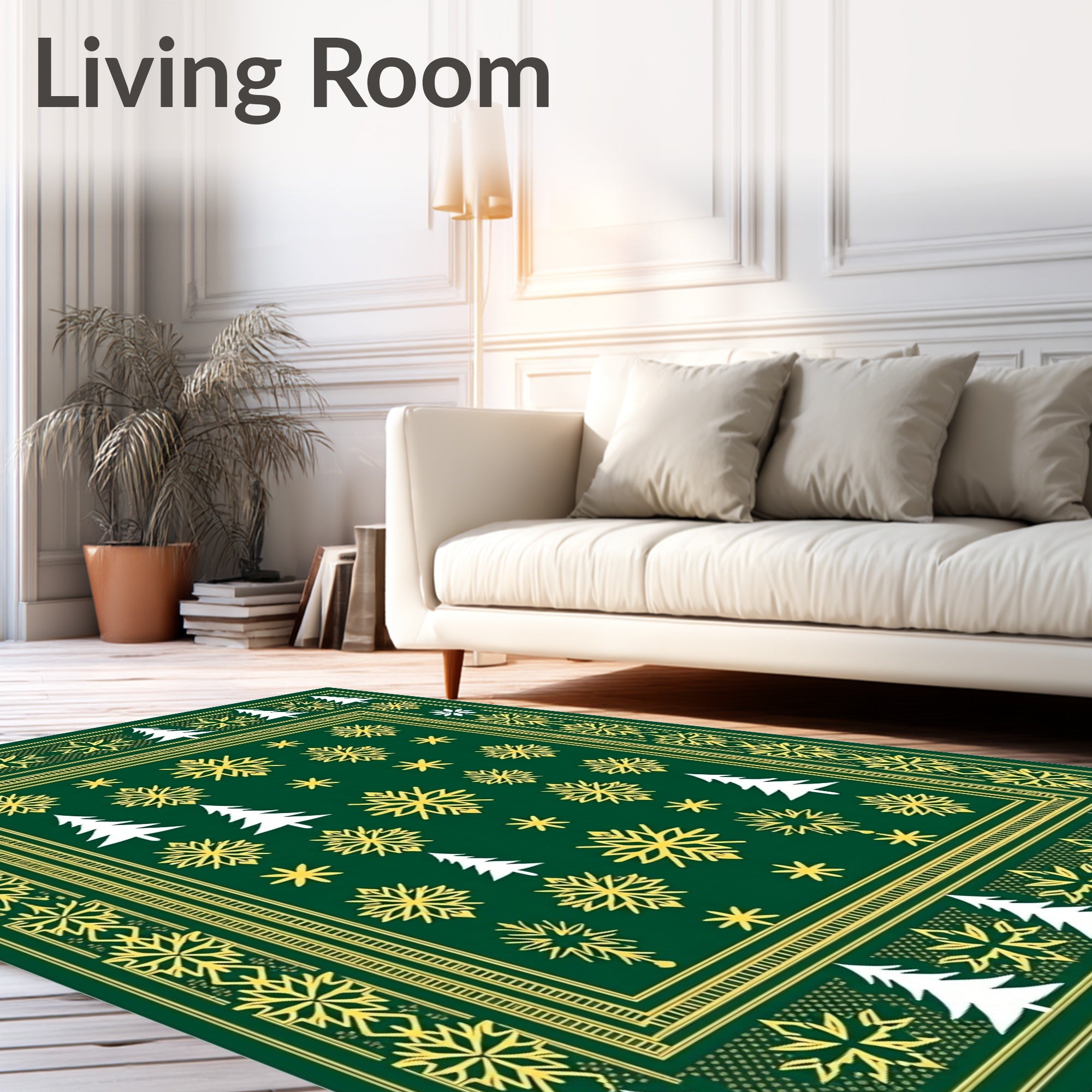 Green Yellow Snowflake Pine Tree Border Rug