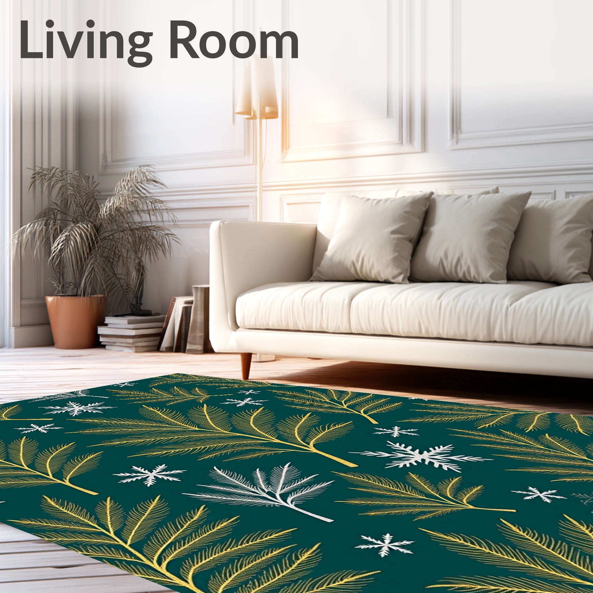 Emerald Green Gold Leaf Snowflakes Rug