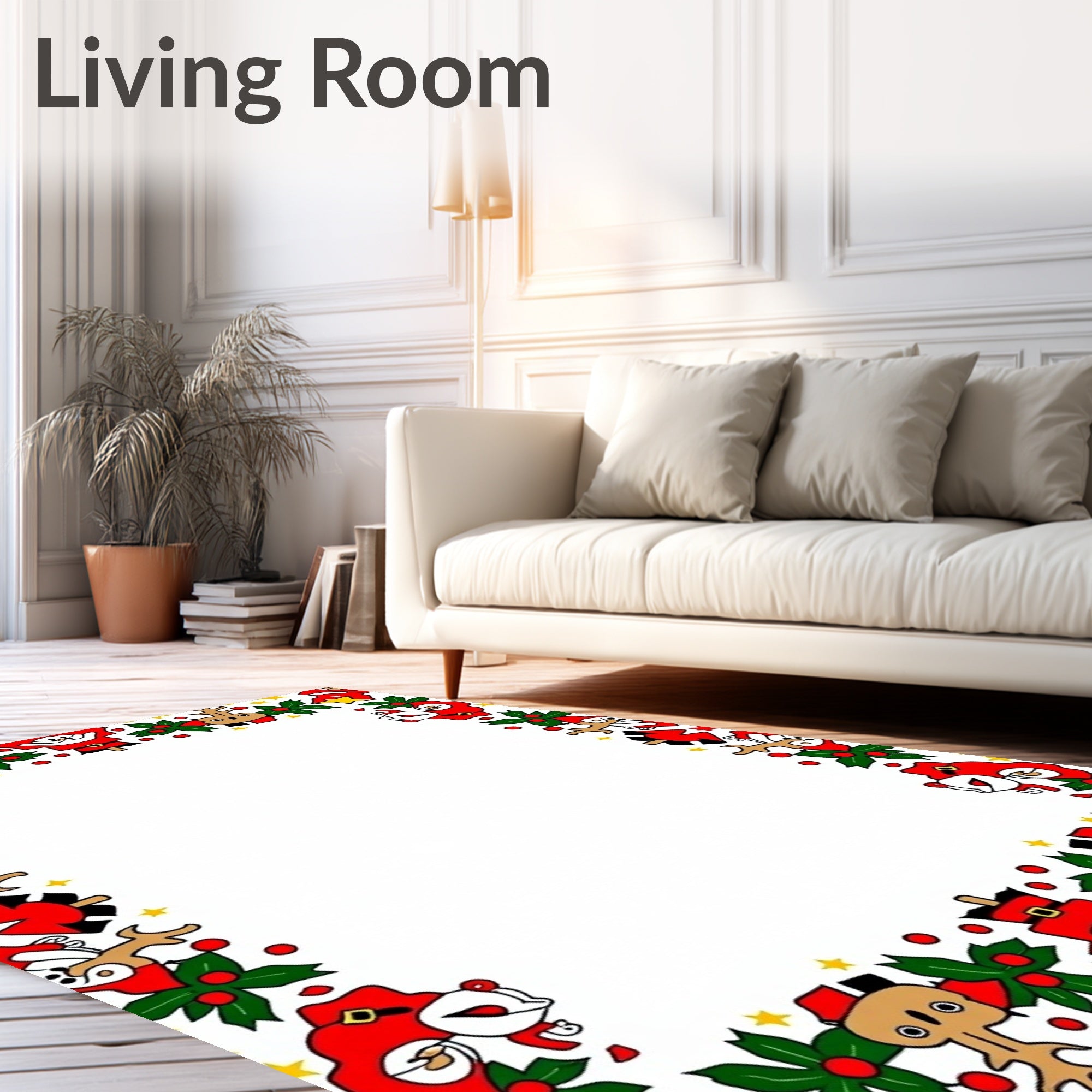 Cheerful Red Santa Reindeer Holly Border Rug