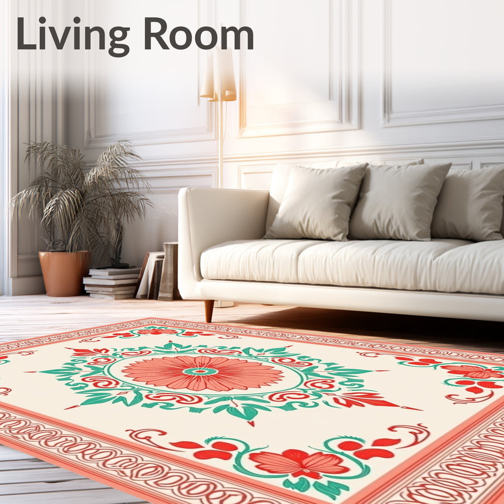 Coral Teal Floral Medallion Border Rug