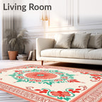 Coral Teal Floral Medallion Border Rug