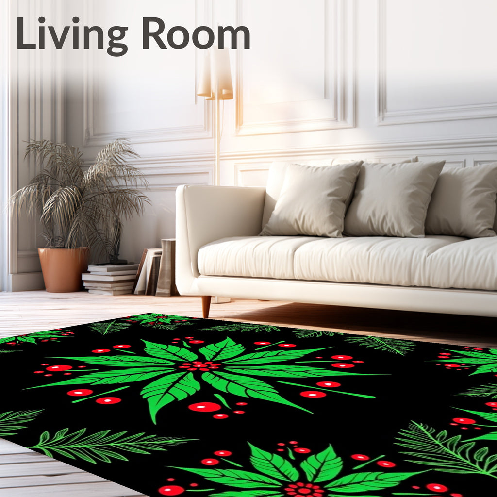 Festive Green Poinsettia Red Berry Rug