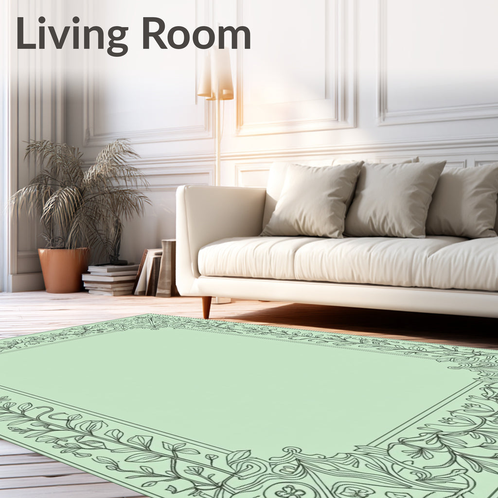 Elegant Mint Green Floral Scroll Border Rug