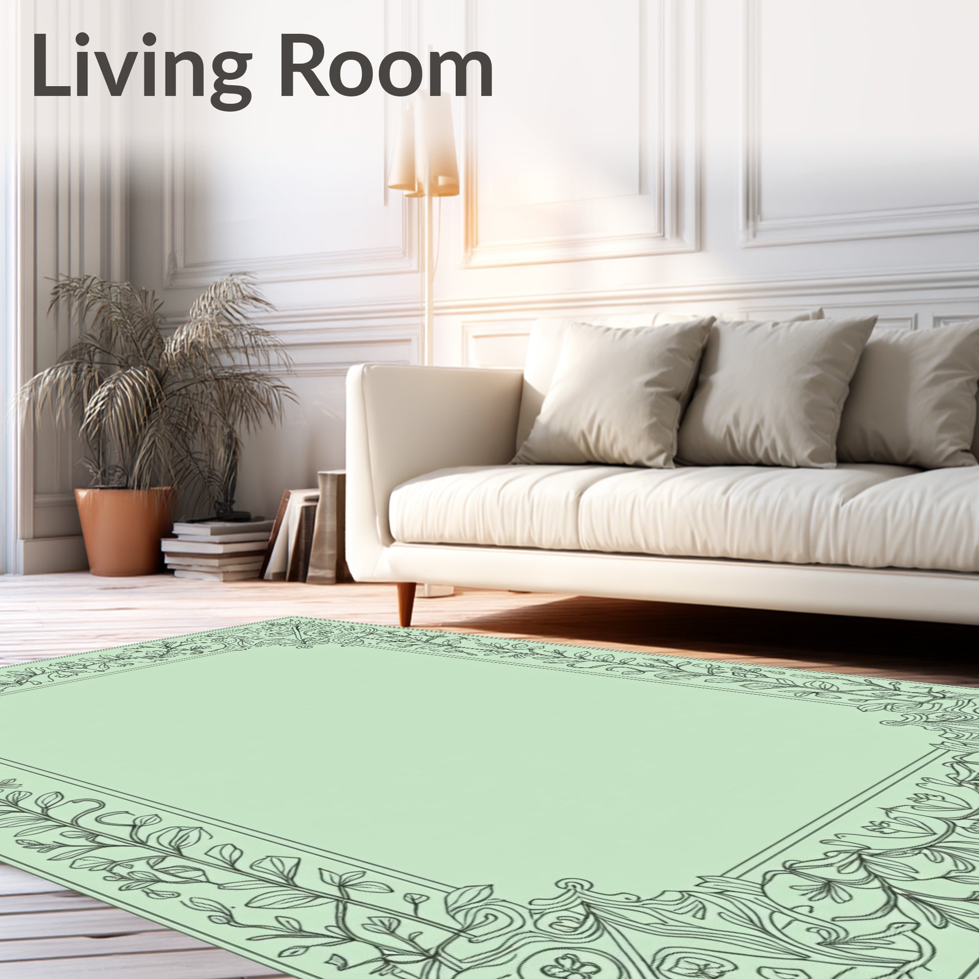Elegant Mint Green Floral Scroll Border Rug