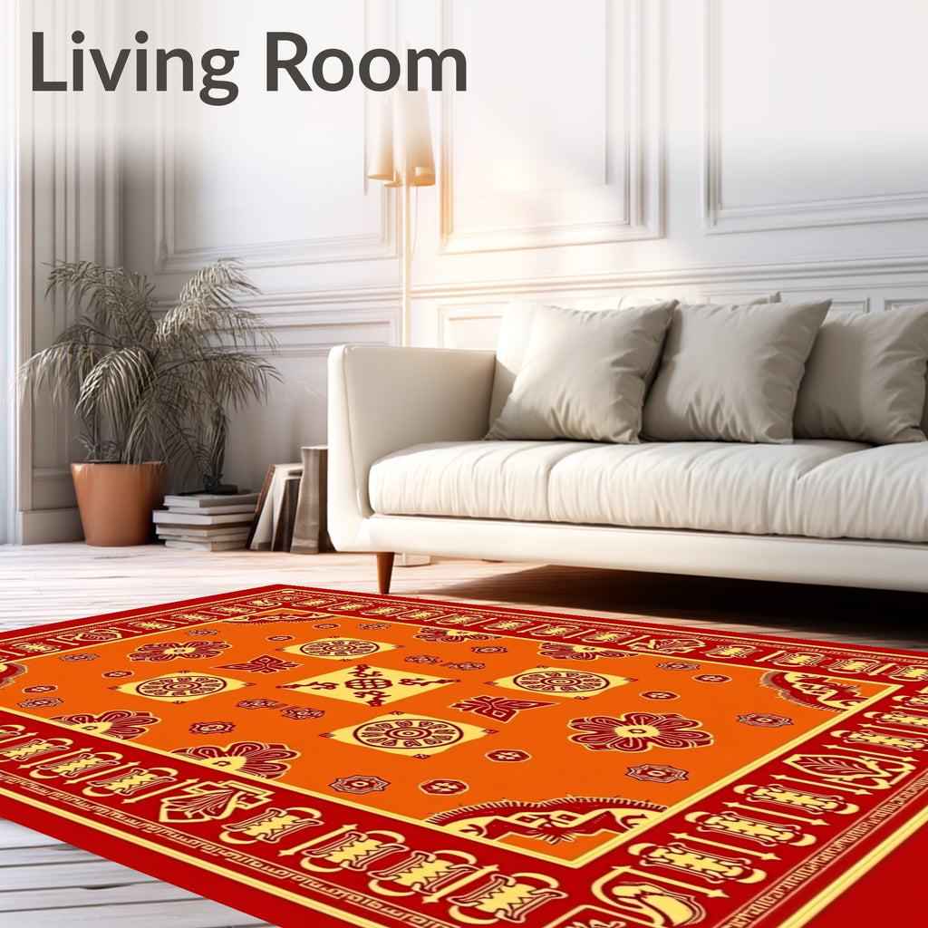 Vibrant Red Orange Geometric Medallion Rug