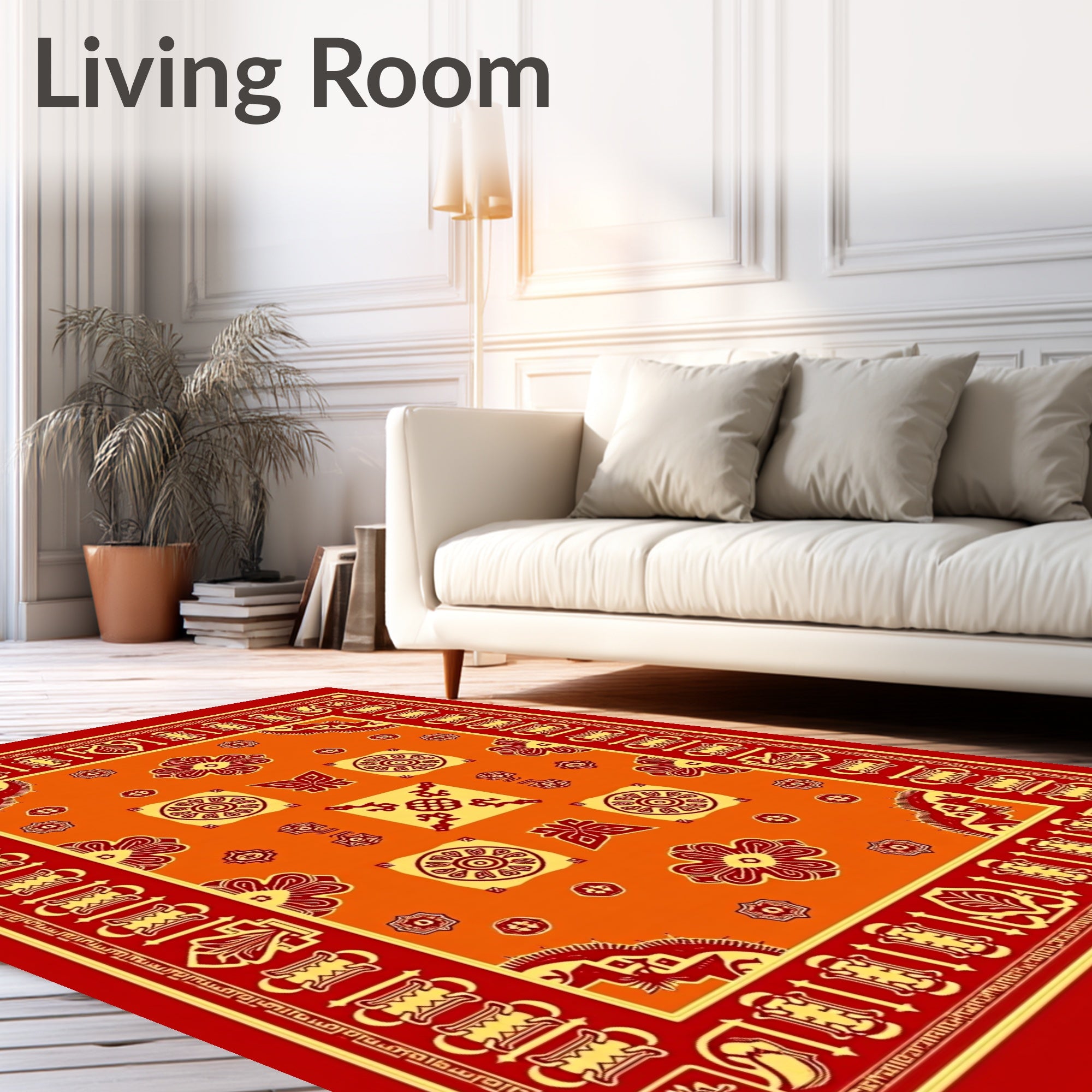Vibrant Red Orange Geometric Medallion Rug