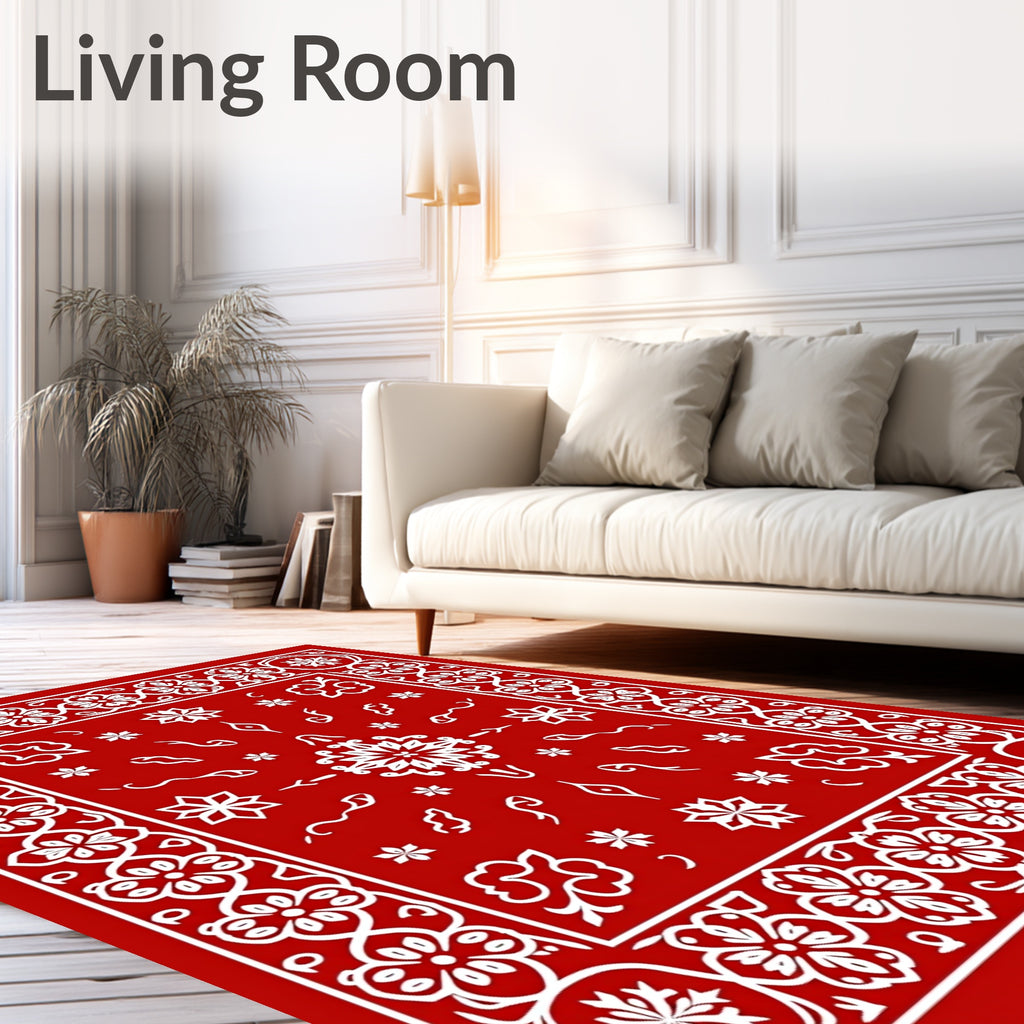 Red White Symmetrical Floral Garden Rug