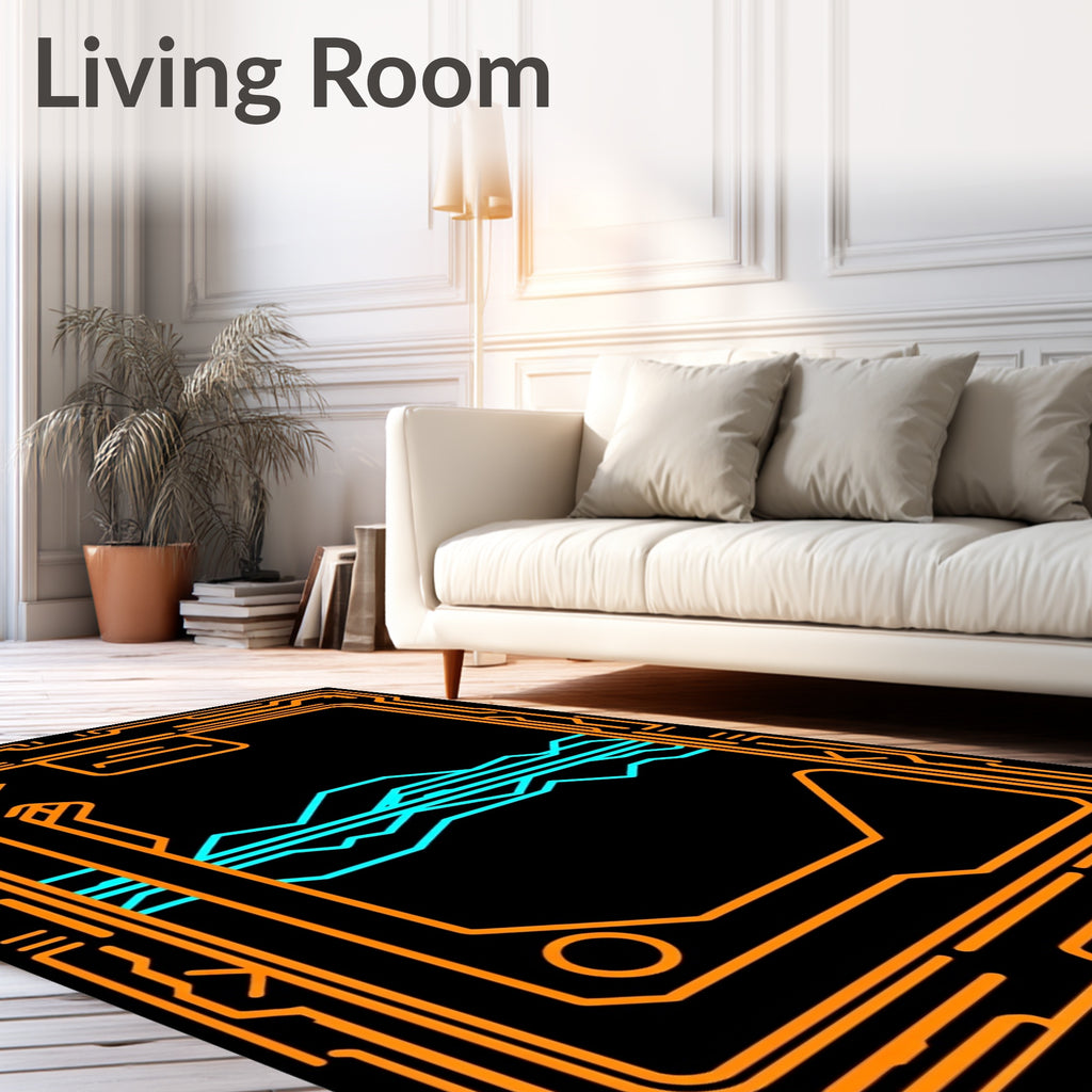Futuristic Orange Circuit Wave Rug