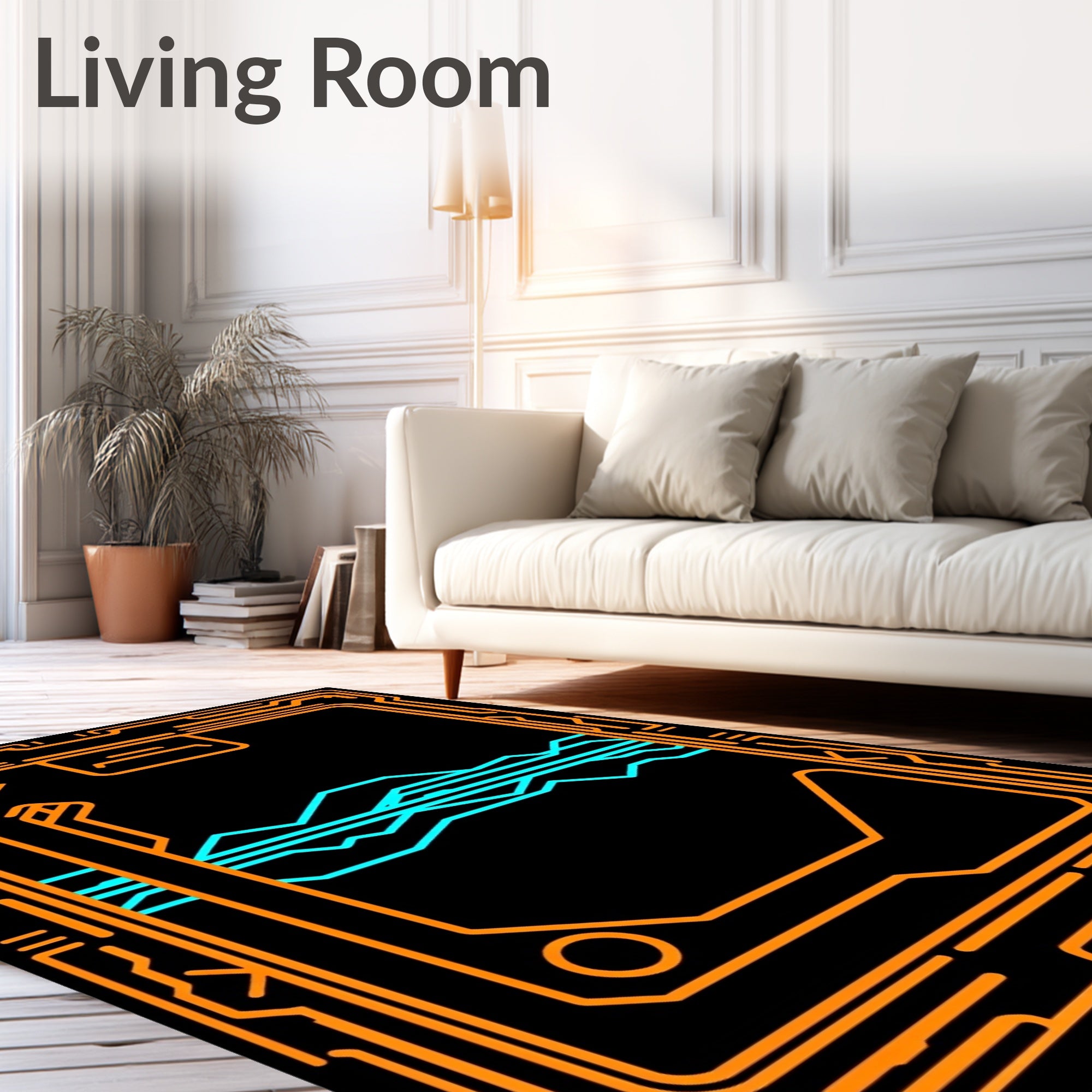 Futuristic Orange Circuit Wave Rug