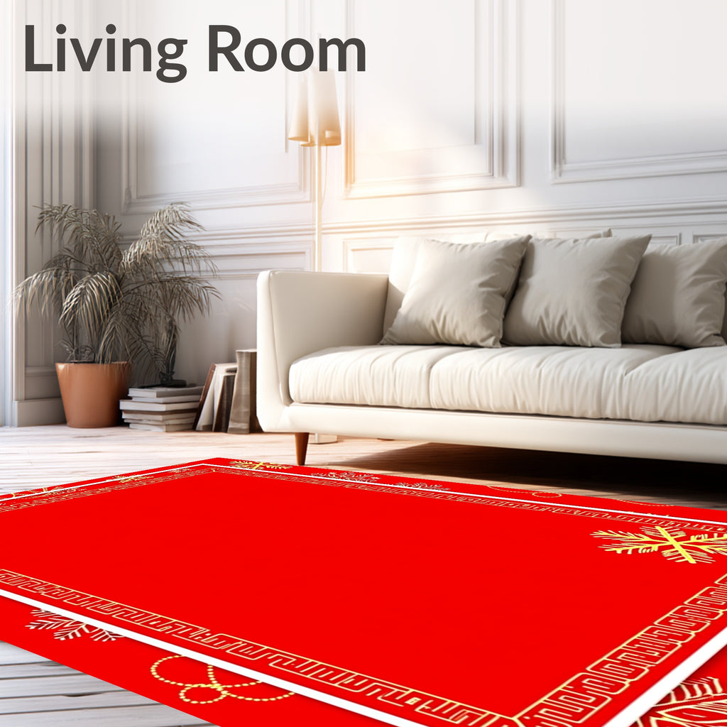 Red Golden Snowflake Geometric Border Rug