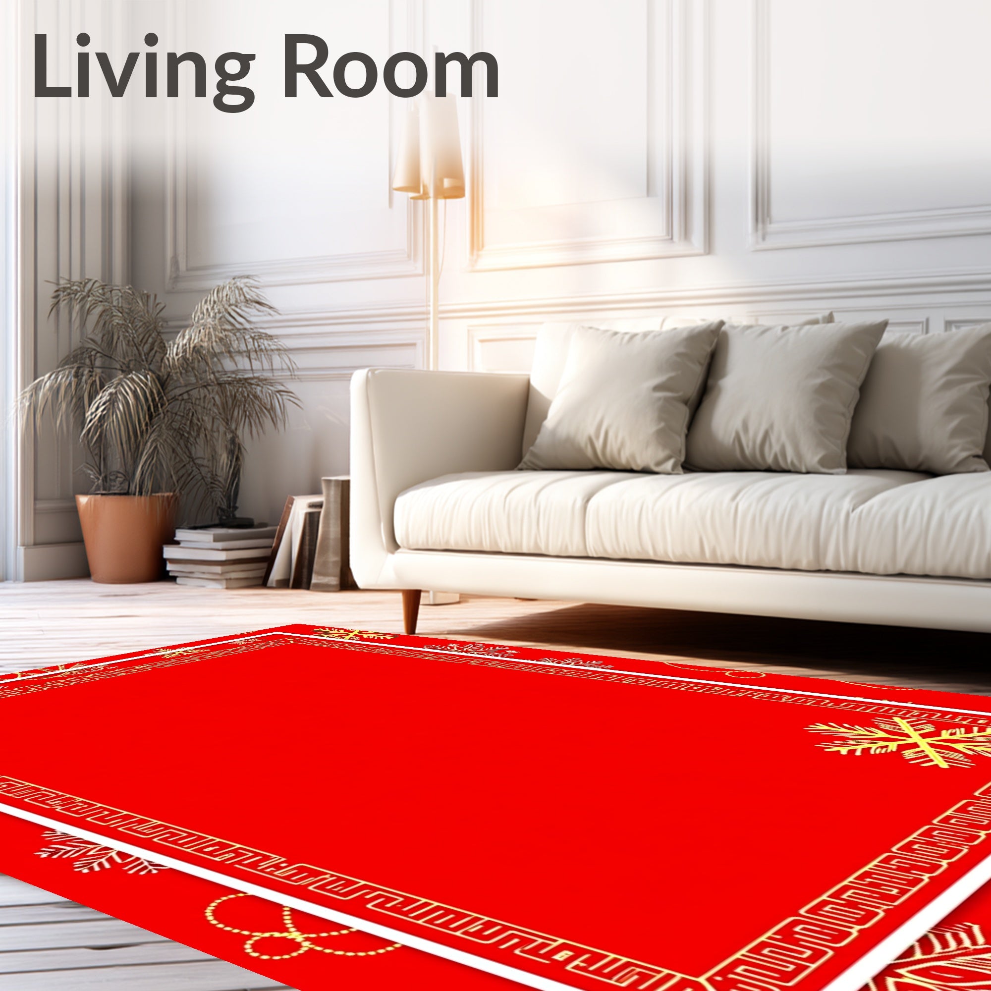 Red Golden Snowflake Geometric Border Rug