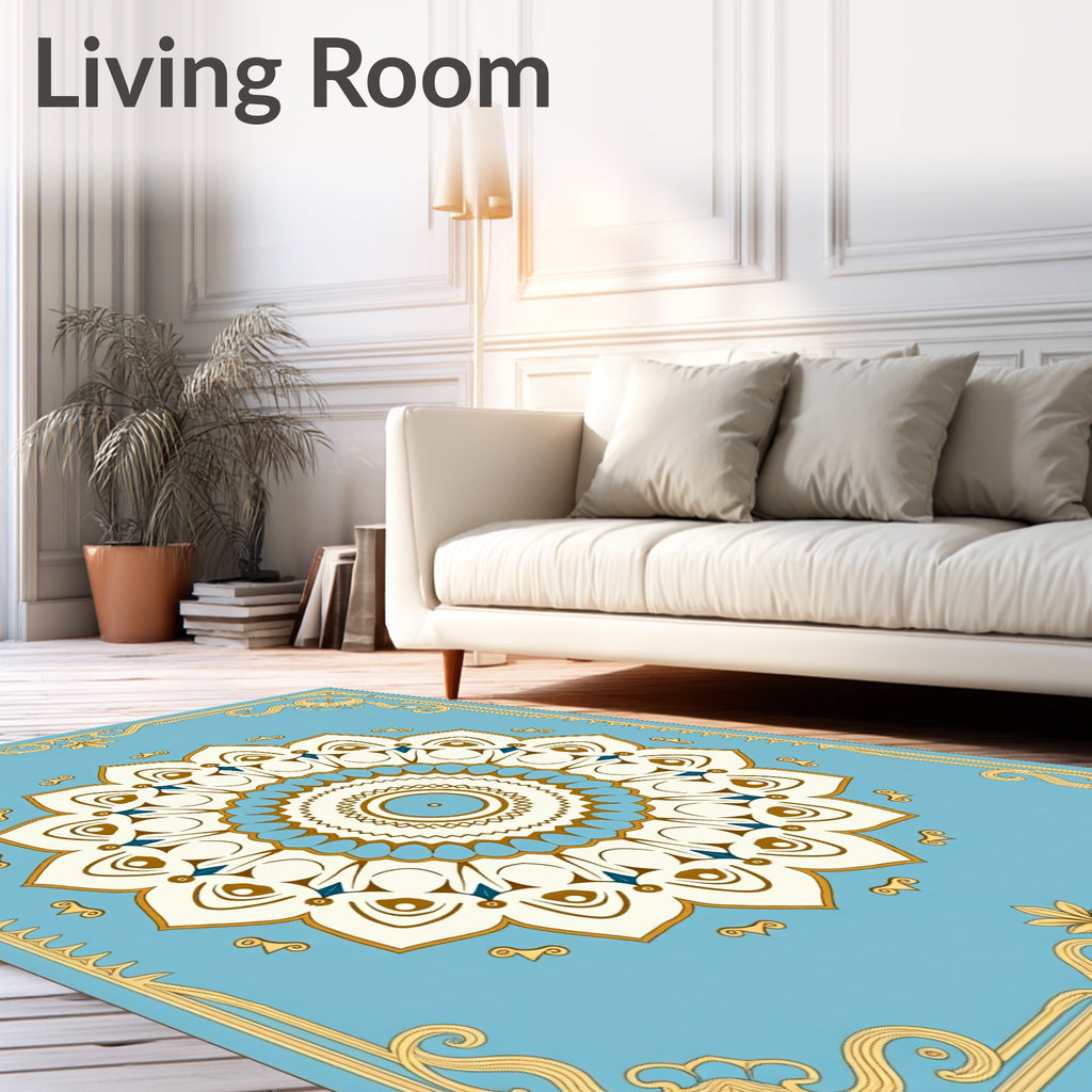 Light Blue Cream Golden Floral Mandala Rug