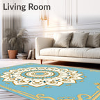 Light Blue Cream Golden Floral Mandala Rug