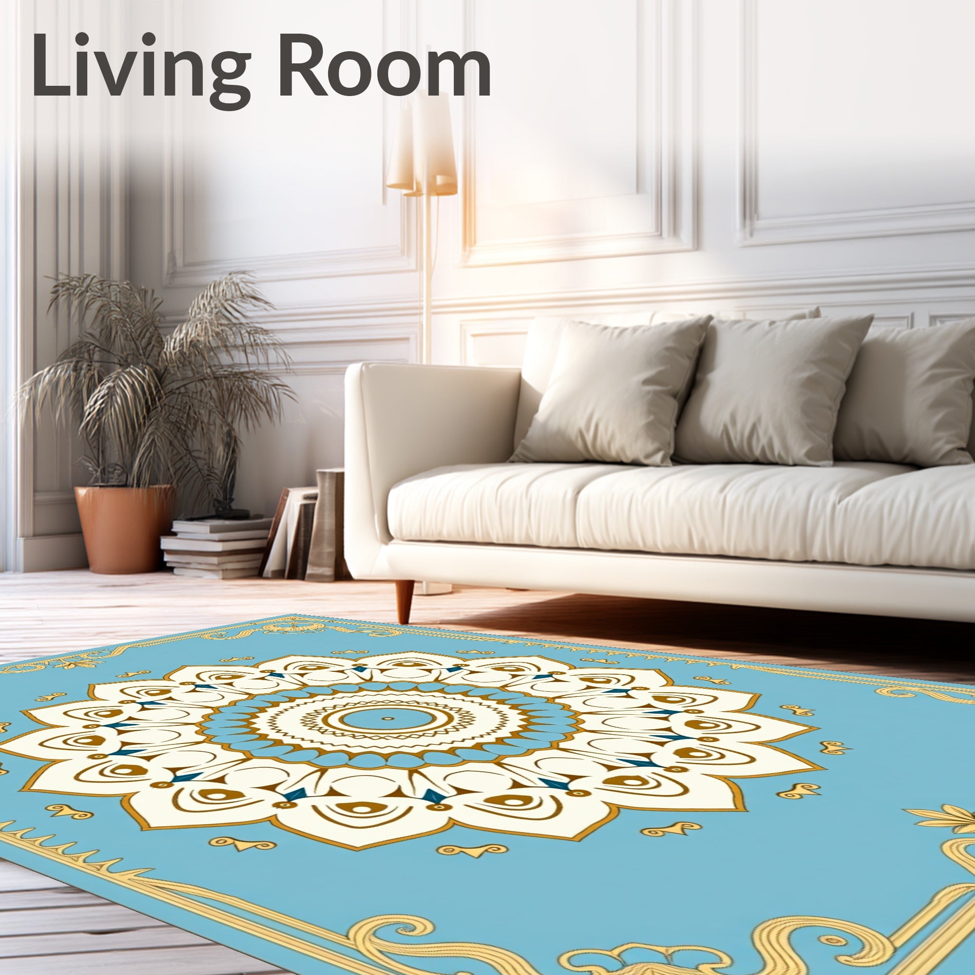 Light Blue Cream Golden Floral Mandala Rug