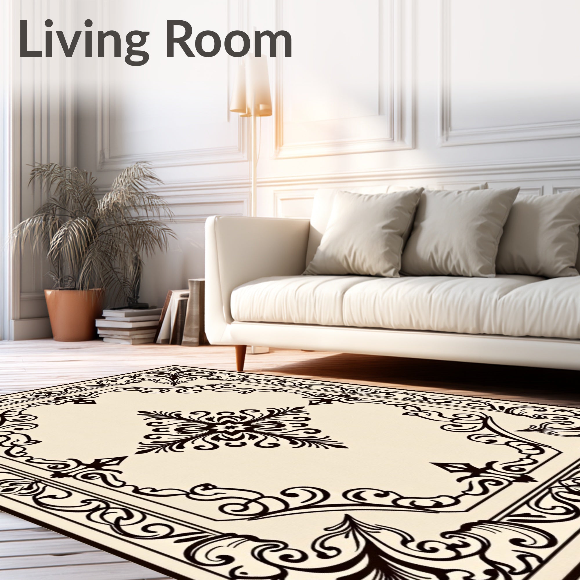 Classic Black Floral Scroll Medallion Rug