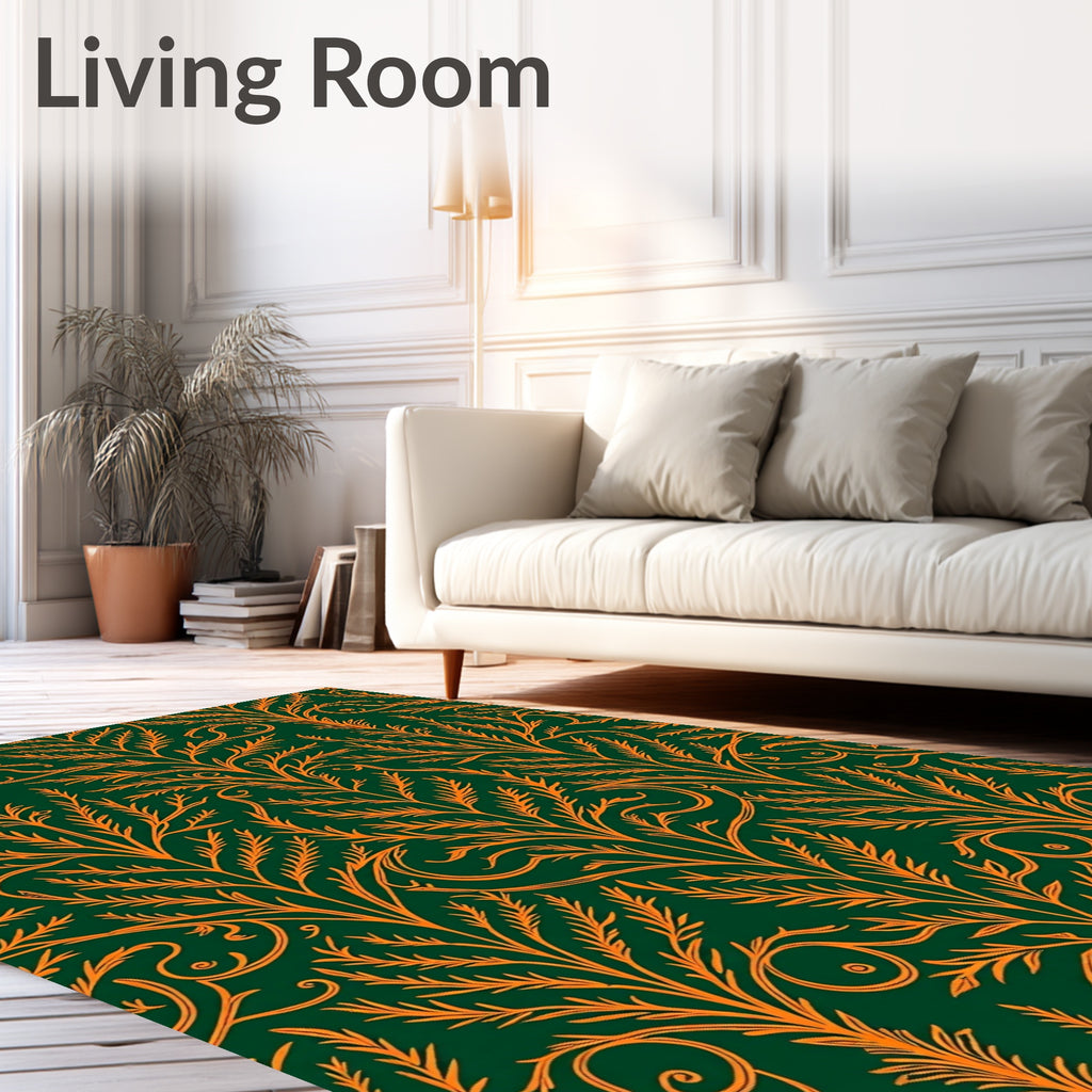 Emerald Orange Scrolling Vine Art Rug