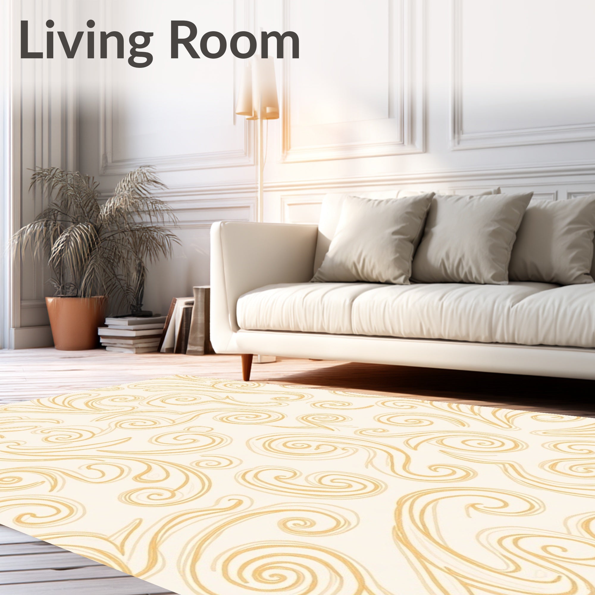 Cream and Gold Swirl Scroll Rug