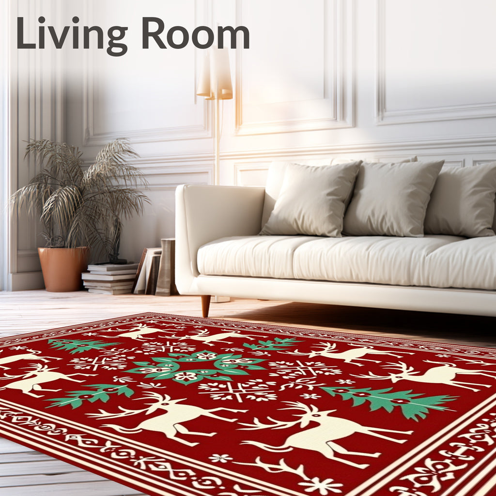Cream Deer And Teal Evergreen Holiday Rug
